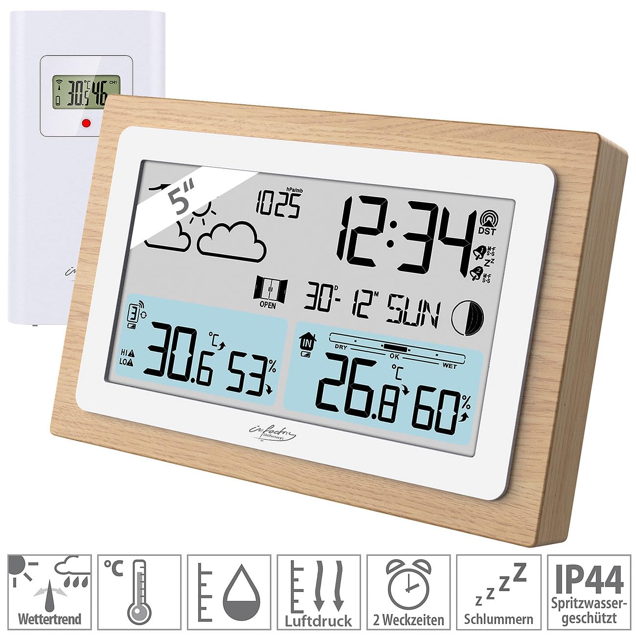 infactory Rain gauge: radio weather station in real wood frame